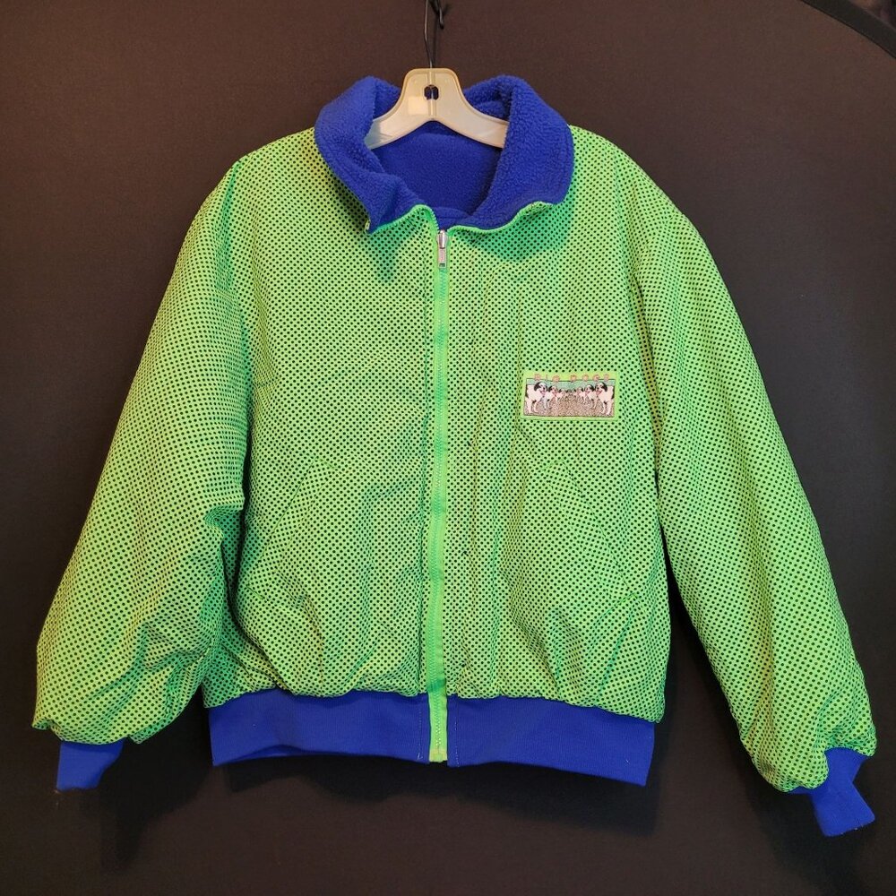 Retro Big Dogs Reversible Fleece Puffer Coat Neon Lime Green Polka Dot Dk Blue